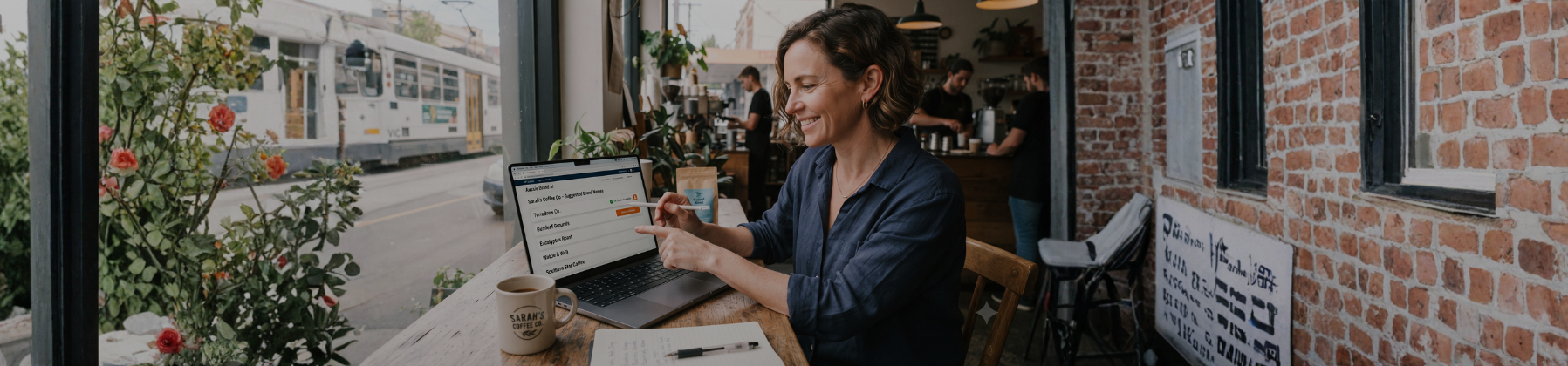 Australian small business owner reviewing AI-suggested brand names on a laptop while considering a trade mark.