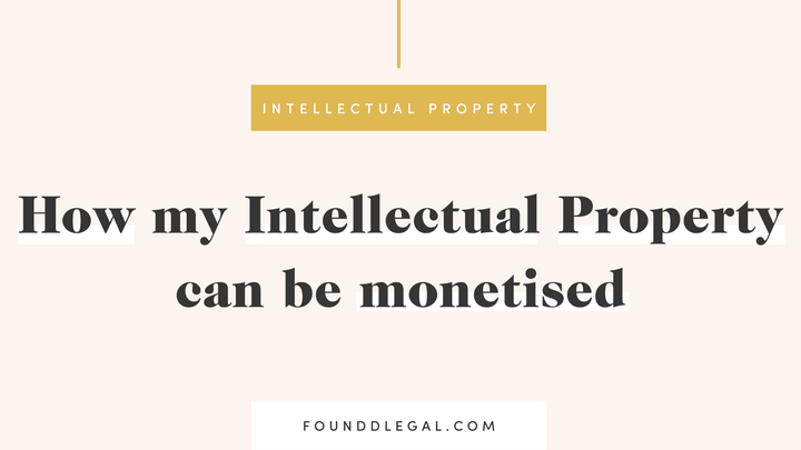 A banner with the heading 'Intellectual Property' and the question 'How my Intellectual Property can be monetised' in black and gold text on a beige background. Below is the trademark 'Foundd Legal' with the website 'FOUNDDLEGAL.COM'.