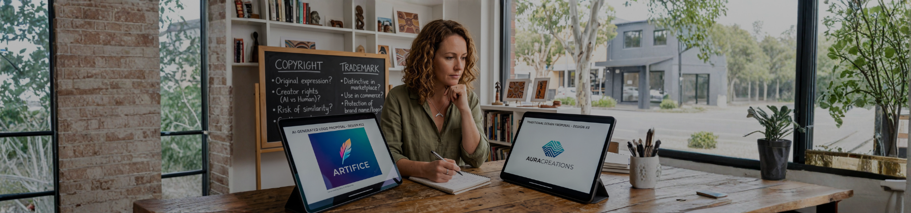 Australian creative business owner comparing an AI-generated logo and brand name, weighing up copyright versus trade mark.