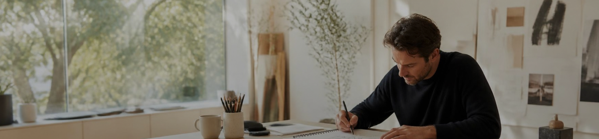 Graphic designer sketching a logo at a studio desk, Australian creative business     Foundd Legal 