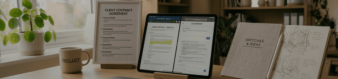 AI clause freelance contract Australia laptop desk